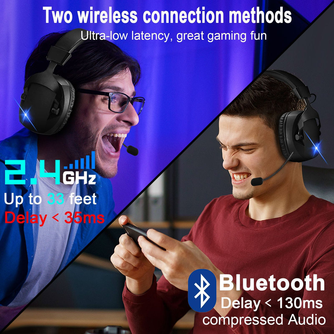 Over Ear Bluetooth Gaming Headphones 2.4G Wireless With Microphone For PC PS5